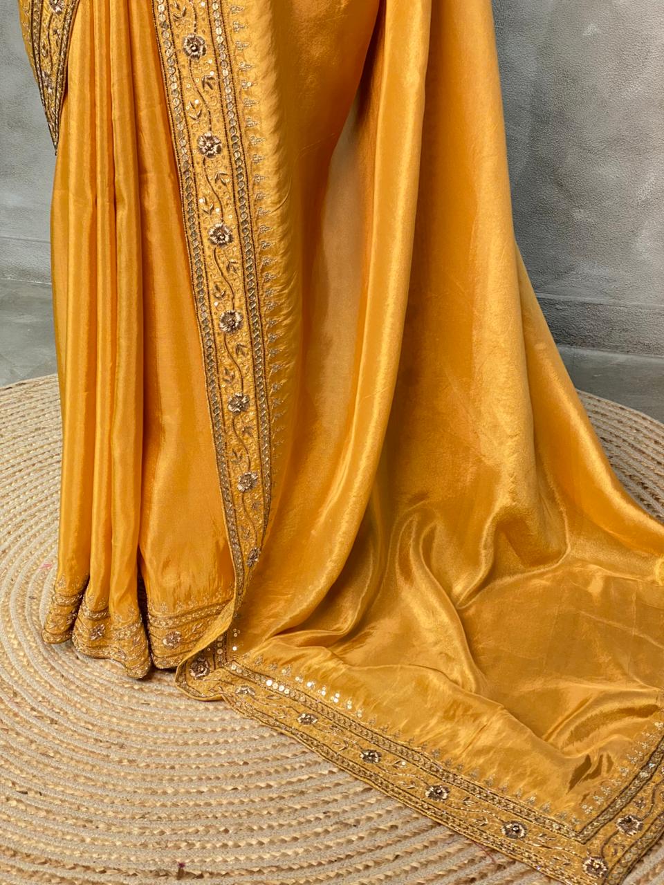 Golden yellow pure tissue silk designer saree - PSD12