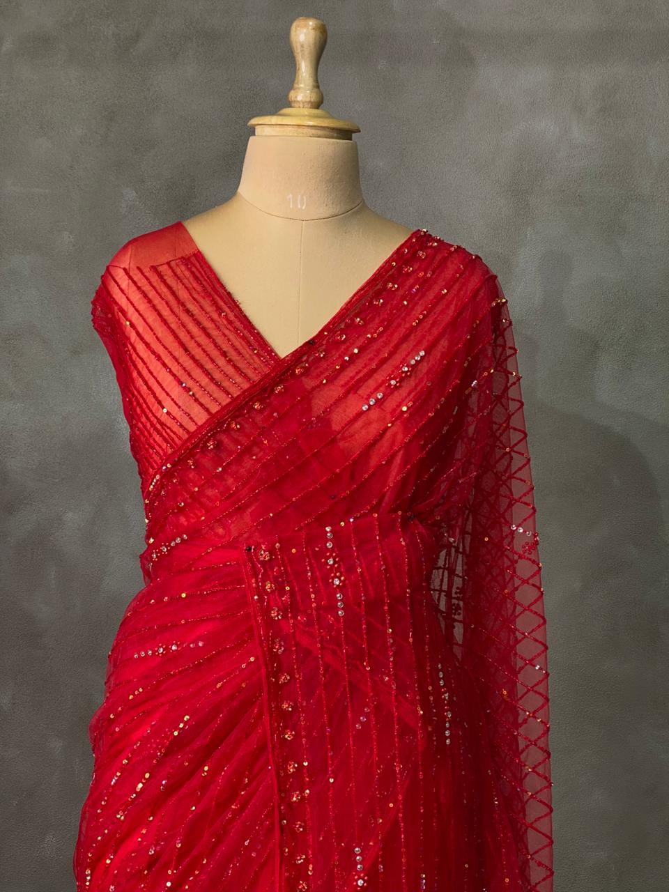 Red net designer saree - PSD17