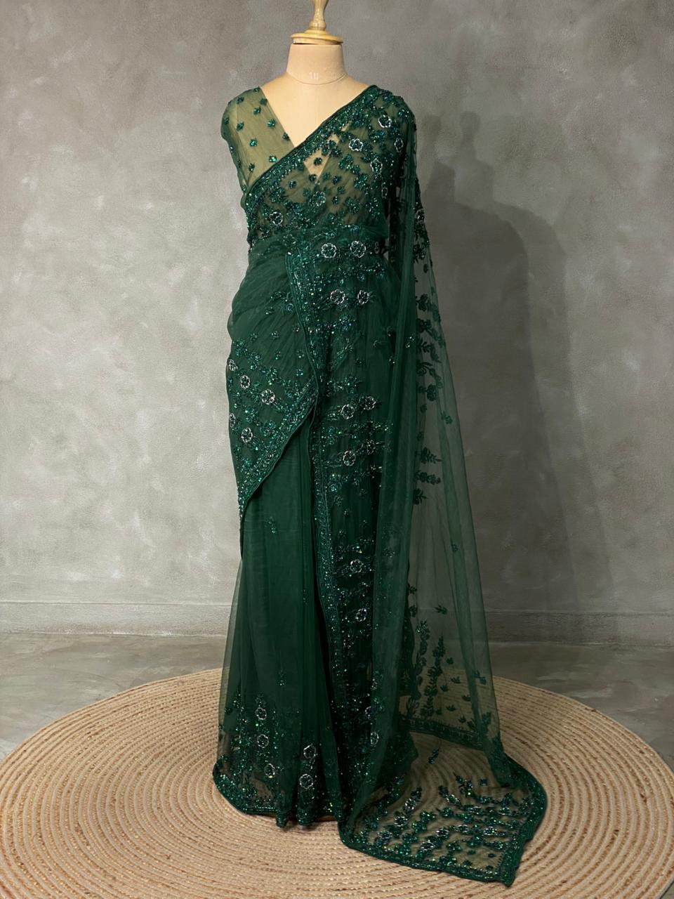 Bottle Green net designer saree - PSD18
