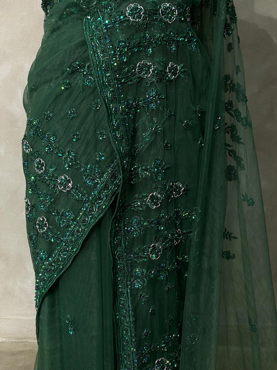 Bottle Green net designer saree - PSD18