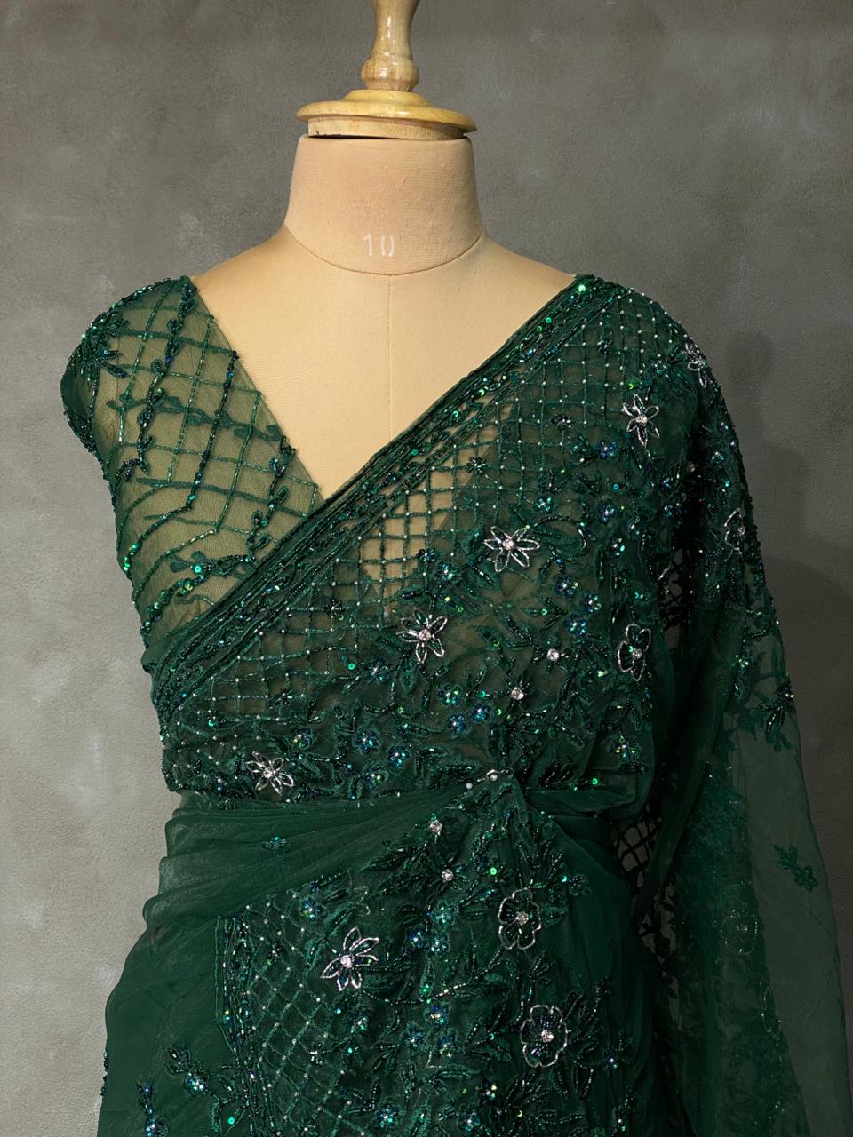Bottle Green net designer saree - PSD19