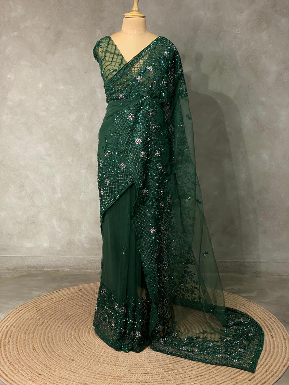 Bottle Green net designer saree - PSD19