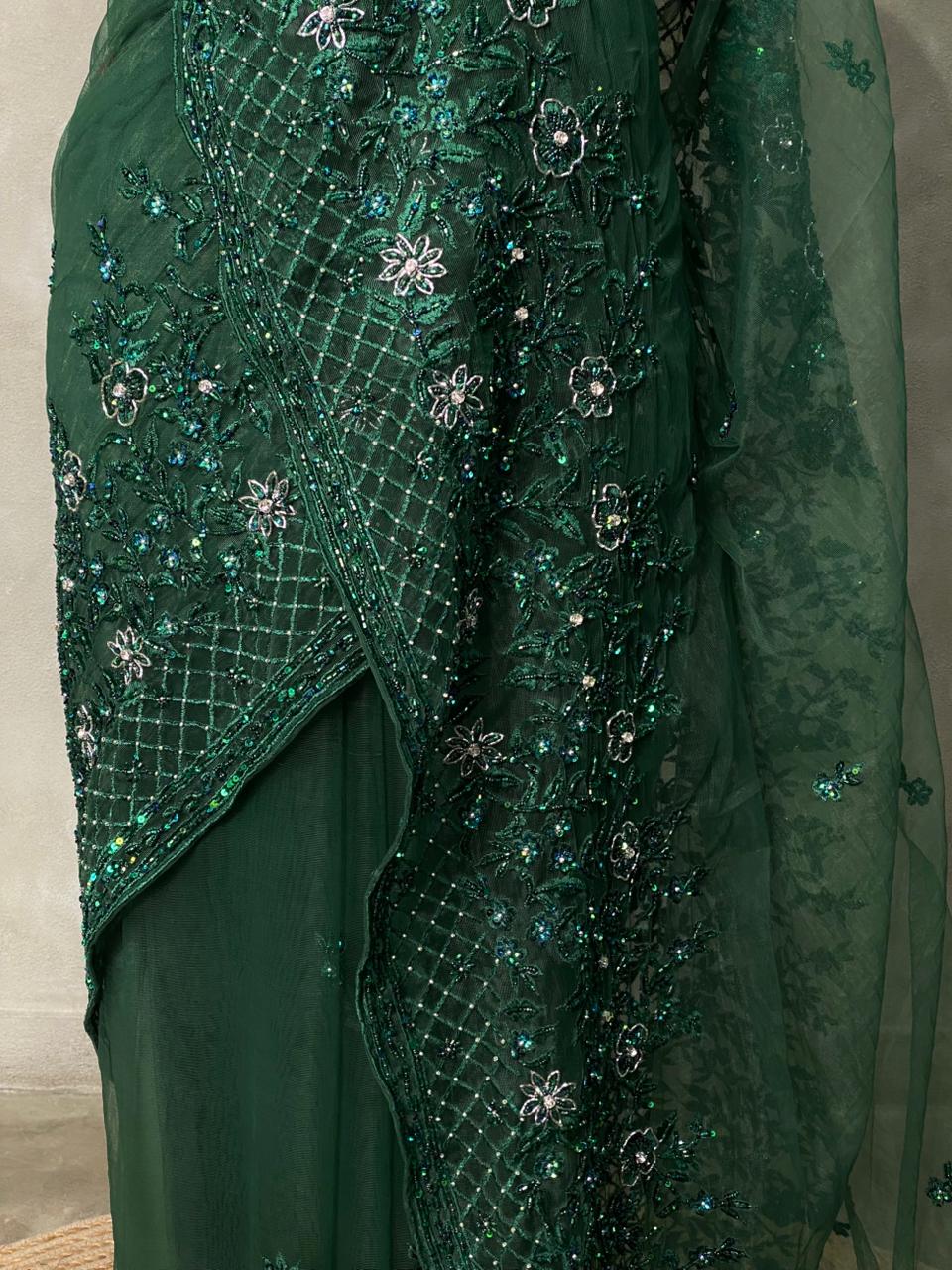 Bottle Green net designer saree - PSD19