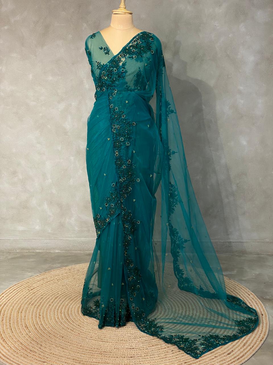 Peacock Green net designer saree - PSD21