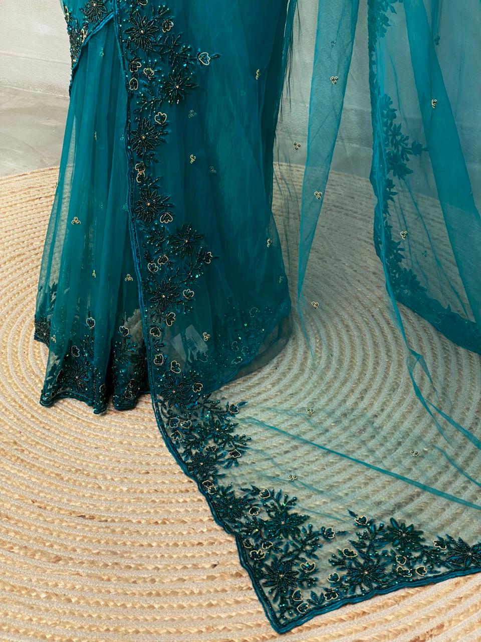 Peacock Green net designer saree - PSD21