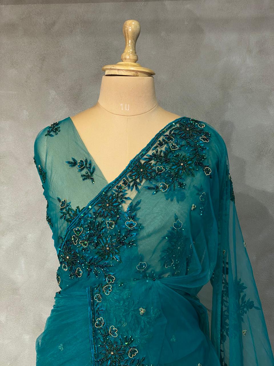 Peacock Green net designer saree - PSD21