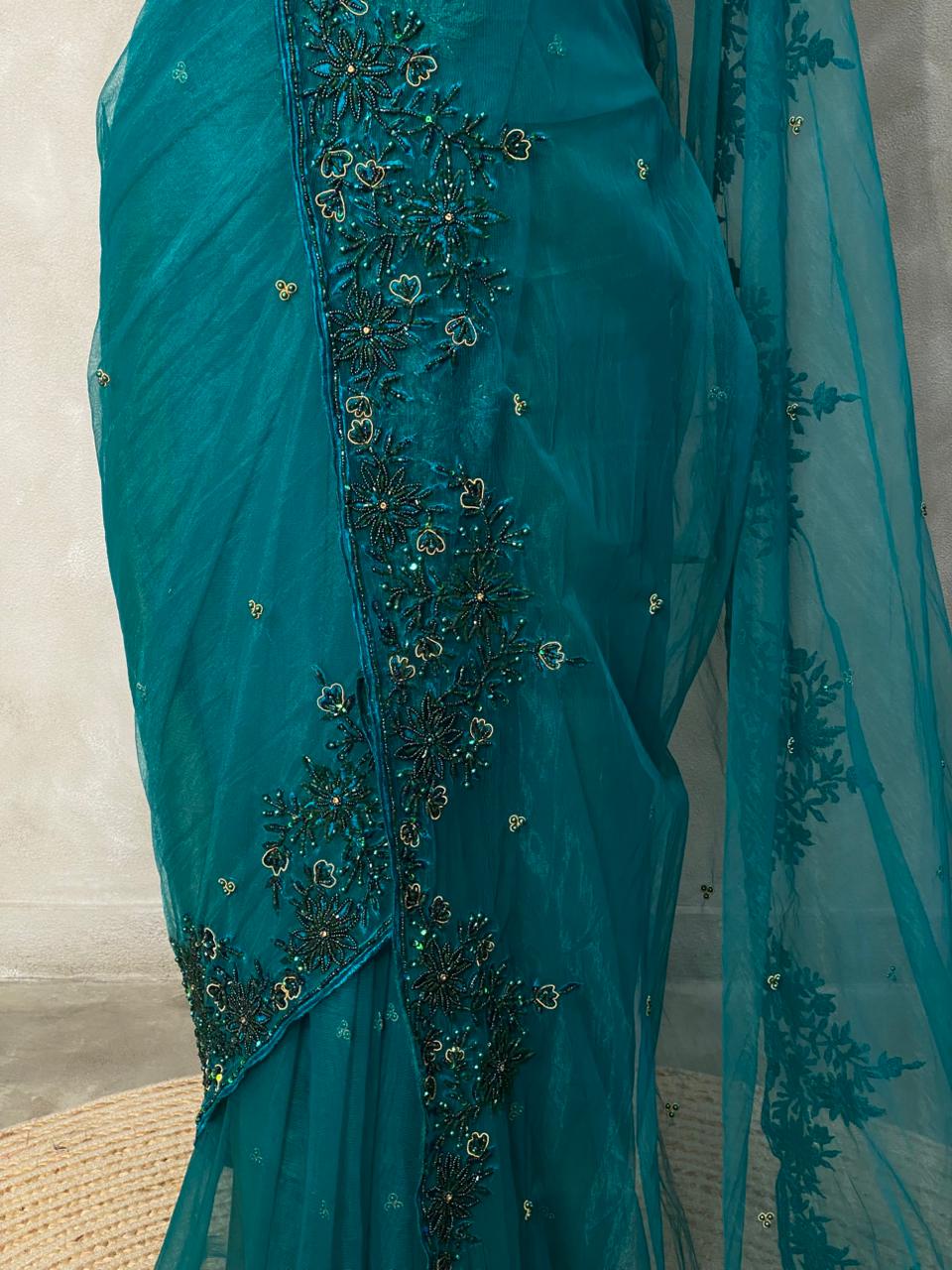 Peacock Green net designer saree - PSD21