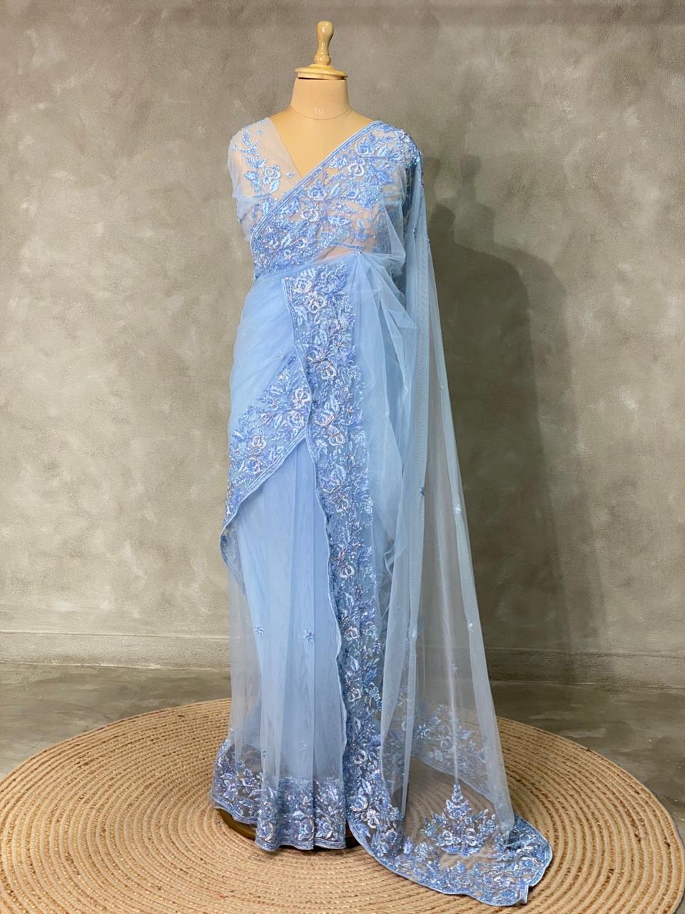 Pastal Blue net designer saree - PSD22