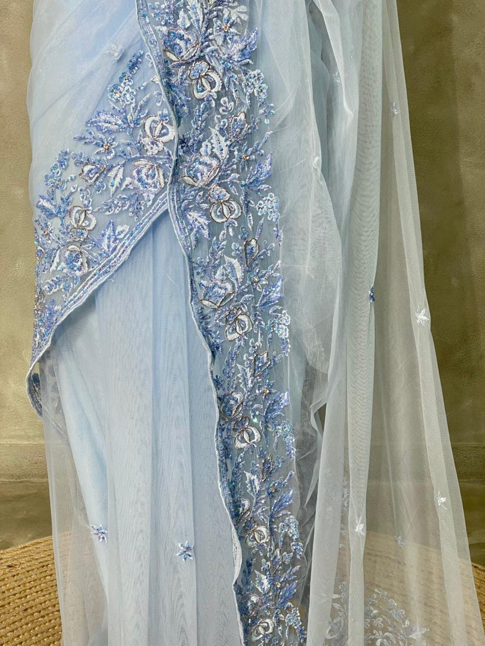 Pastal Blue net designer saree - PSD22