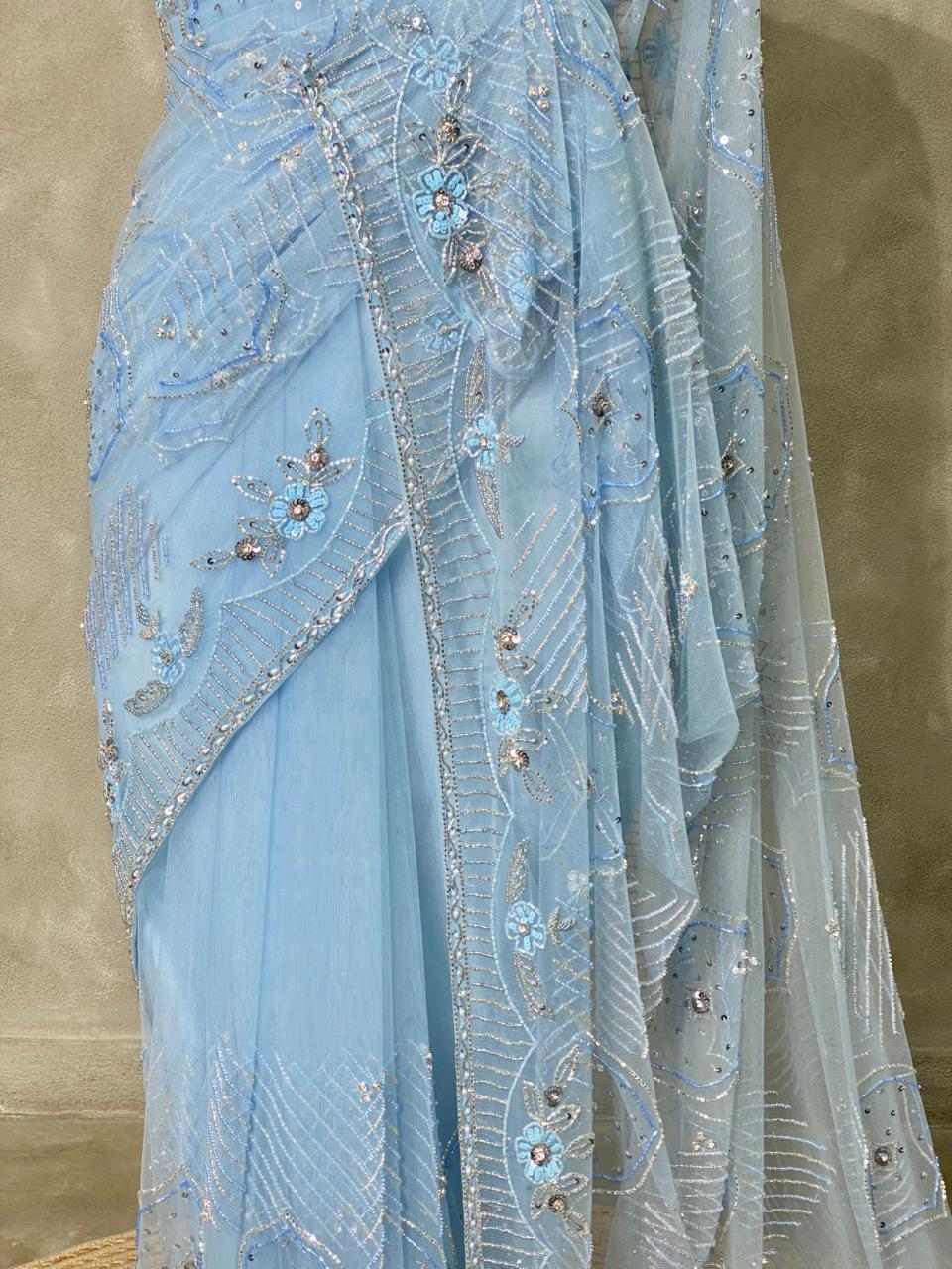 Pastal Blue net bridal designer saree - PSD23