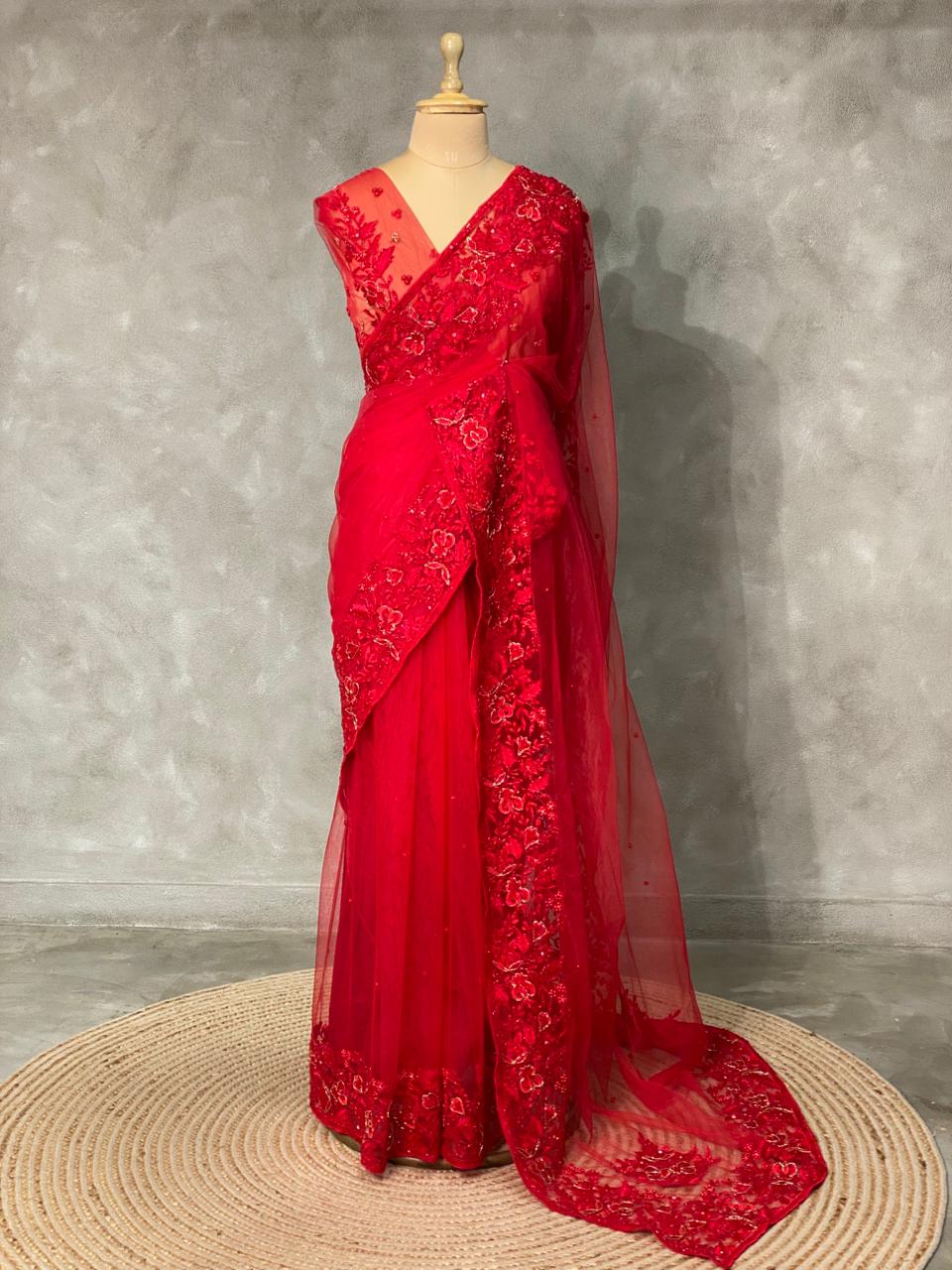 Red net bridal designer saree - PSD24