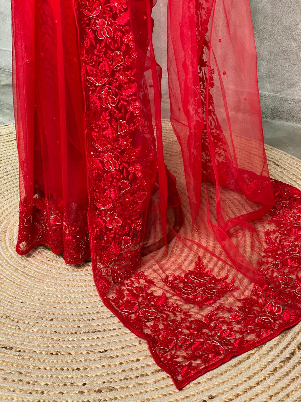 Red net bridal designer saree - PSD24