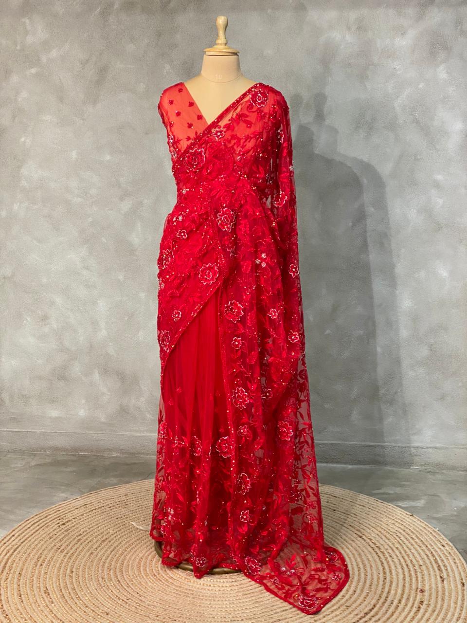 Red net bridal designer saree - PSD25A