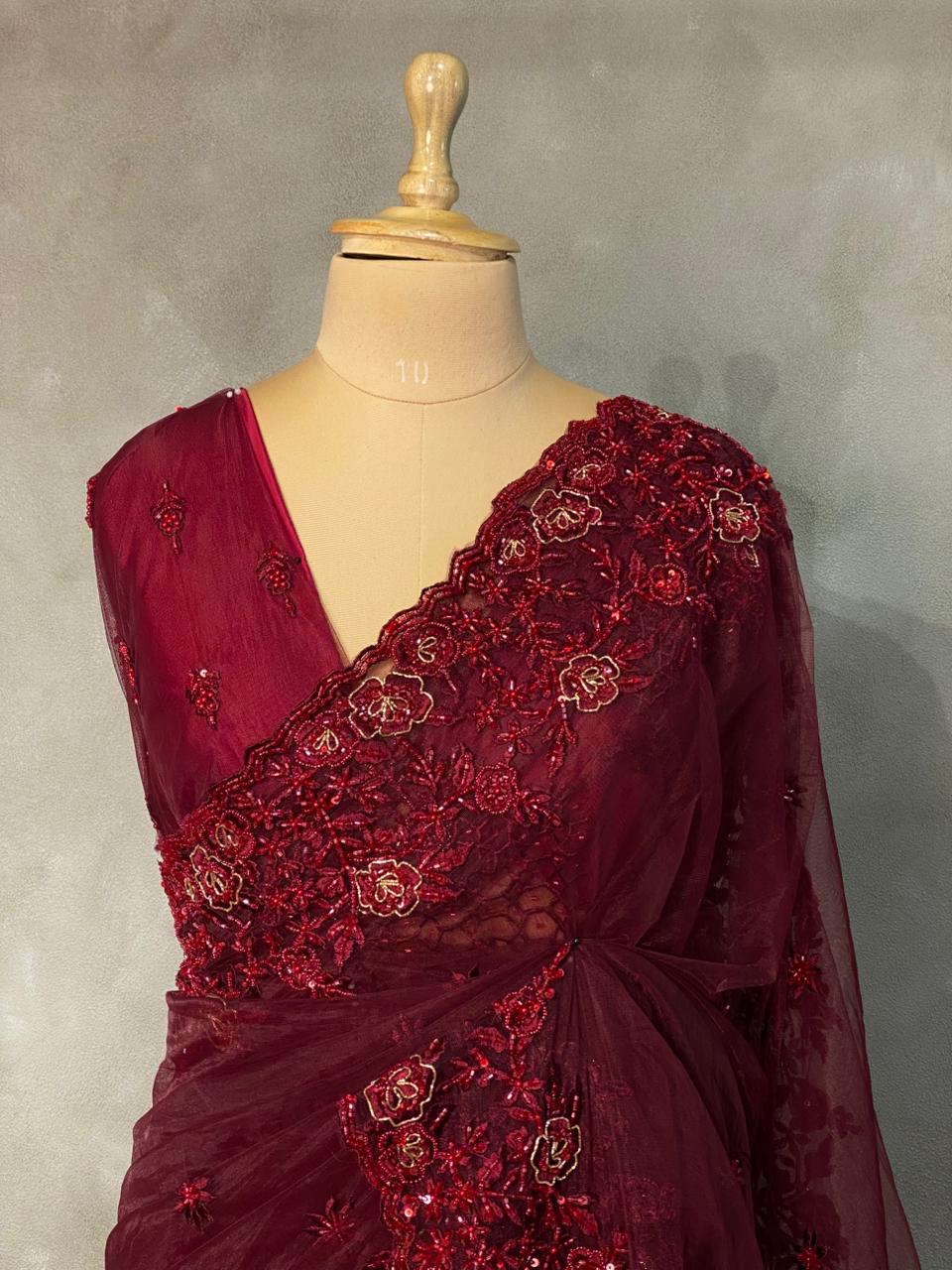 Maroon net bridal designer saree - PSD26