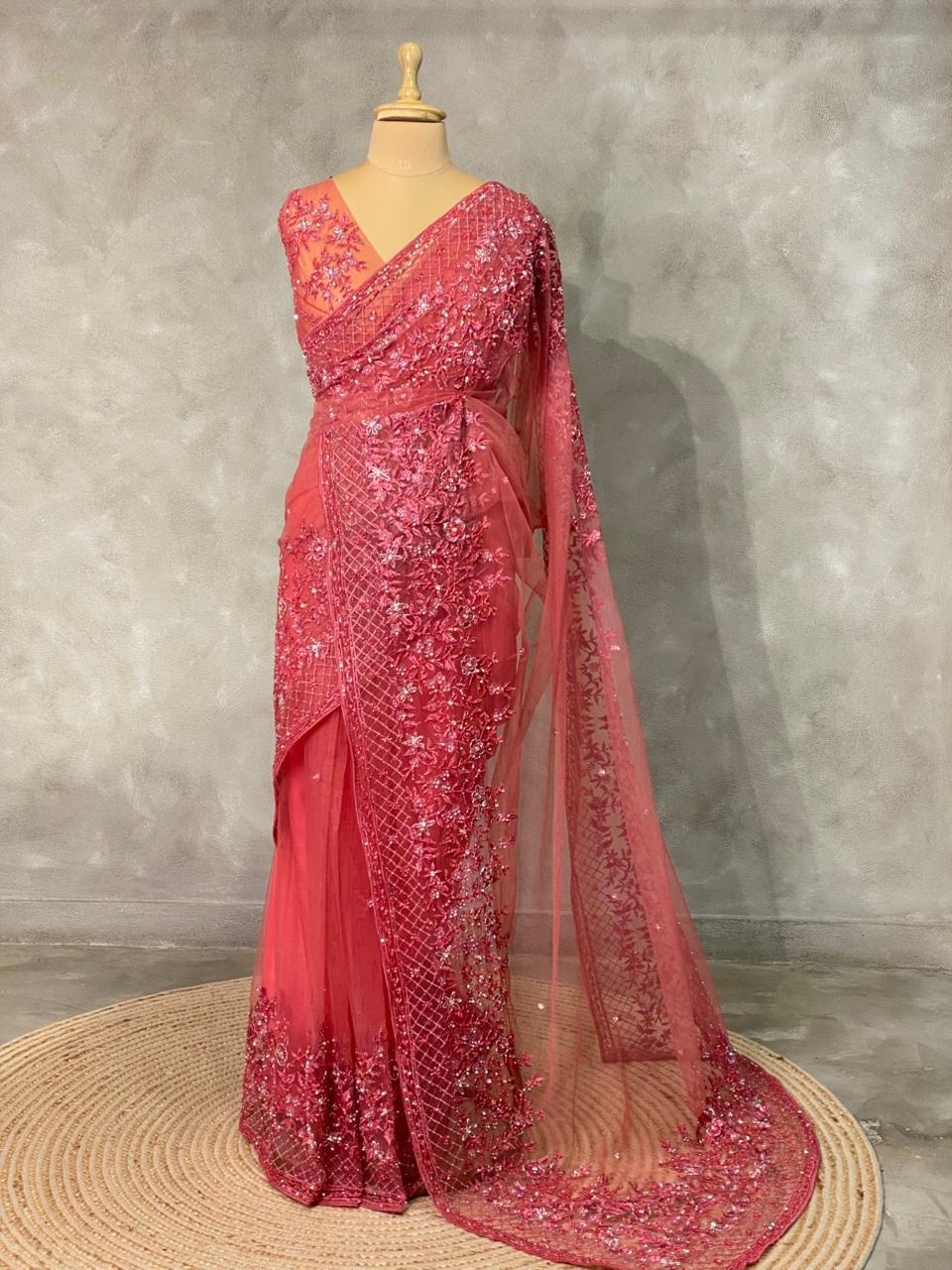 Peach net bridal designer saree - PSD29