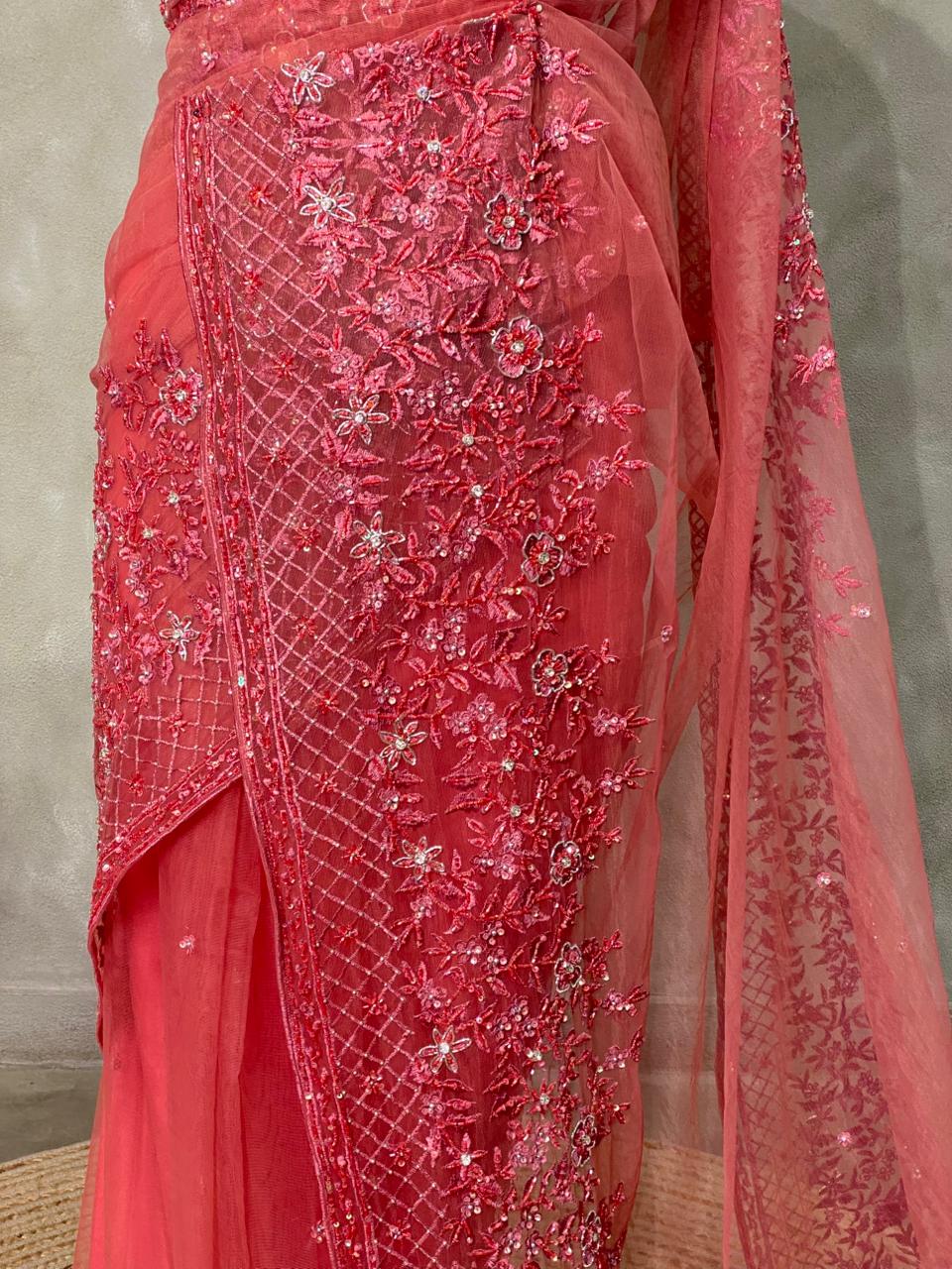 Peach net bridal designer saree - PSD29