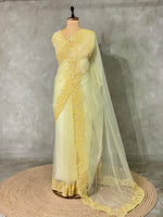 Pastal Yellow net bridal designer saree - PSD32