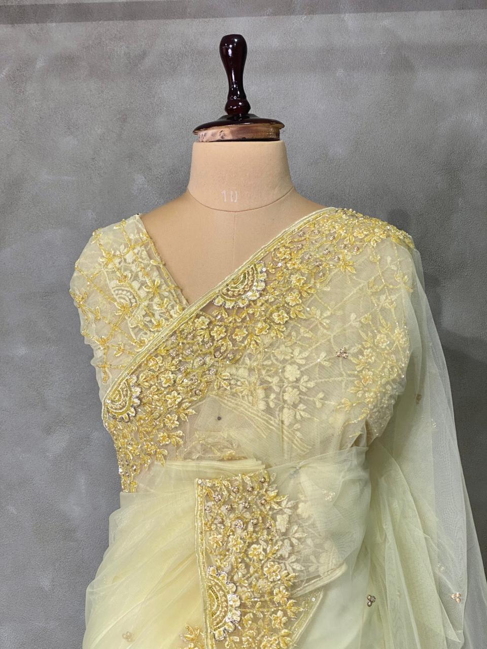 Pastal Yellow net bridal designer saree - PSD32