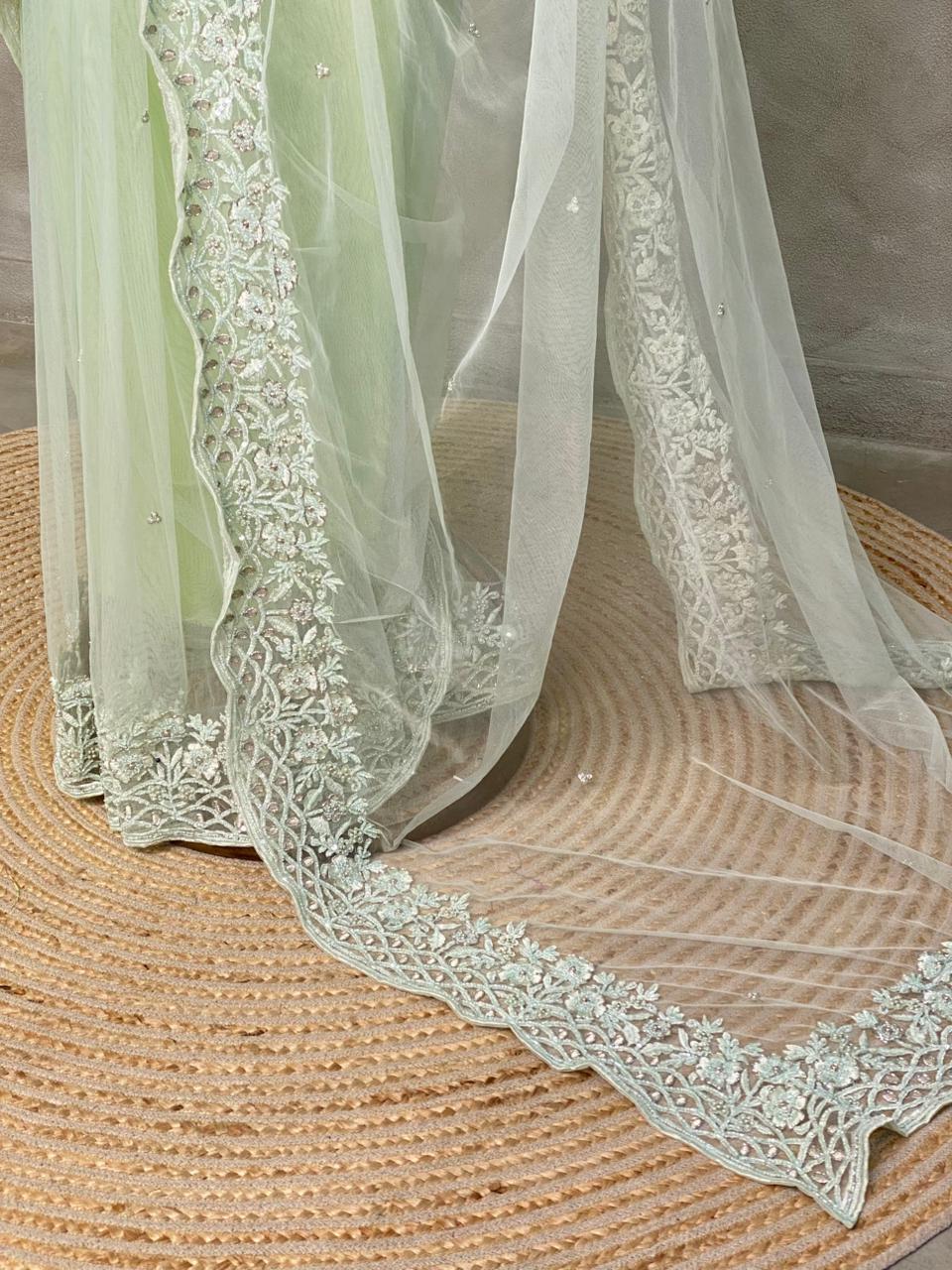 Pastal green net bridal designer saree - PSD34