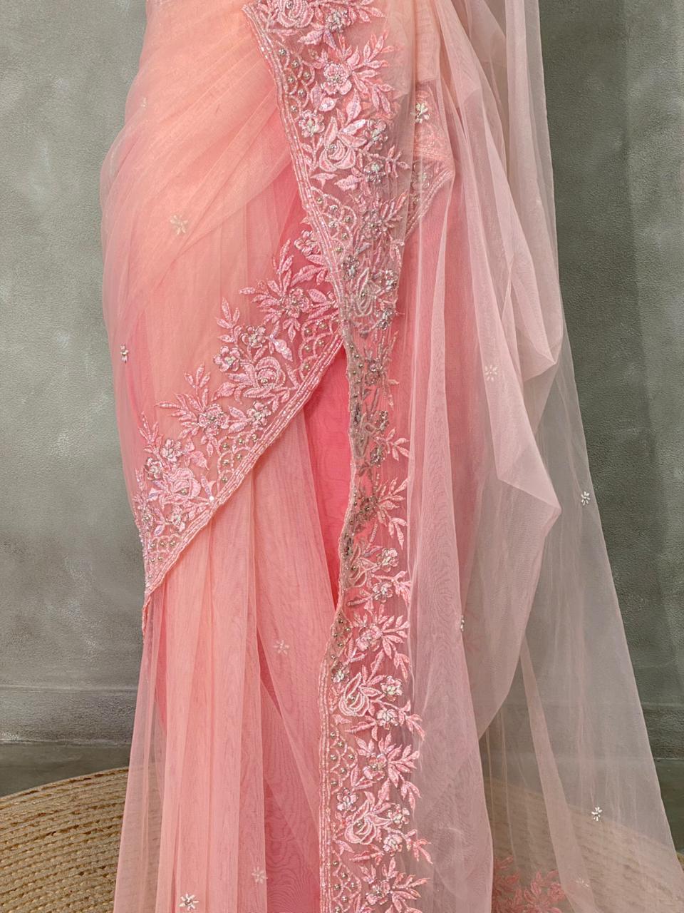 Pastal peach net bridal designer saree - PSD36