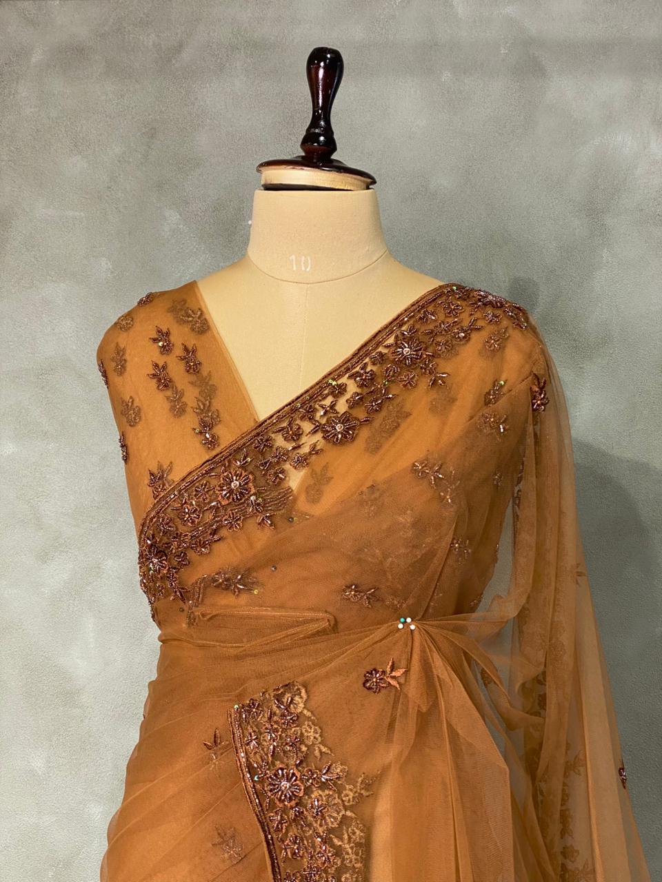 Brownish gold net bridal designer saree - PSD37