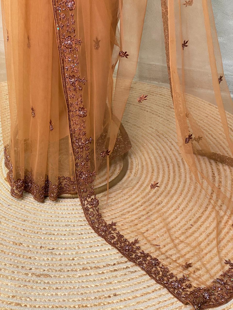 Brownish gold net bridal designer saree - PSD37