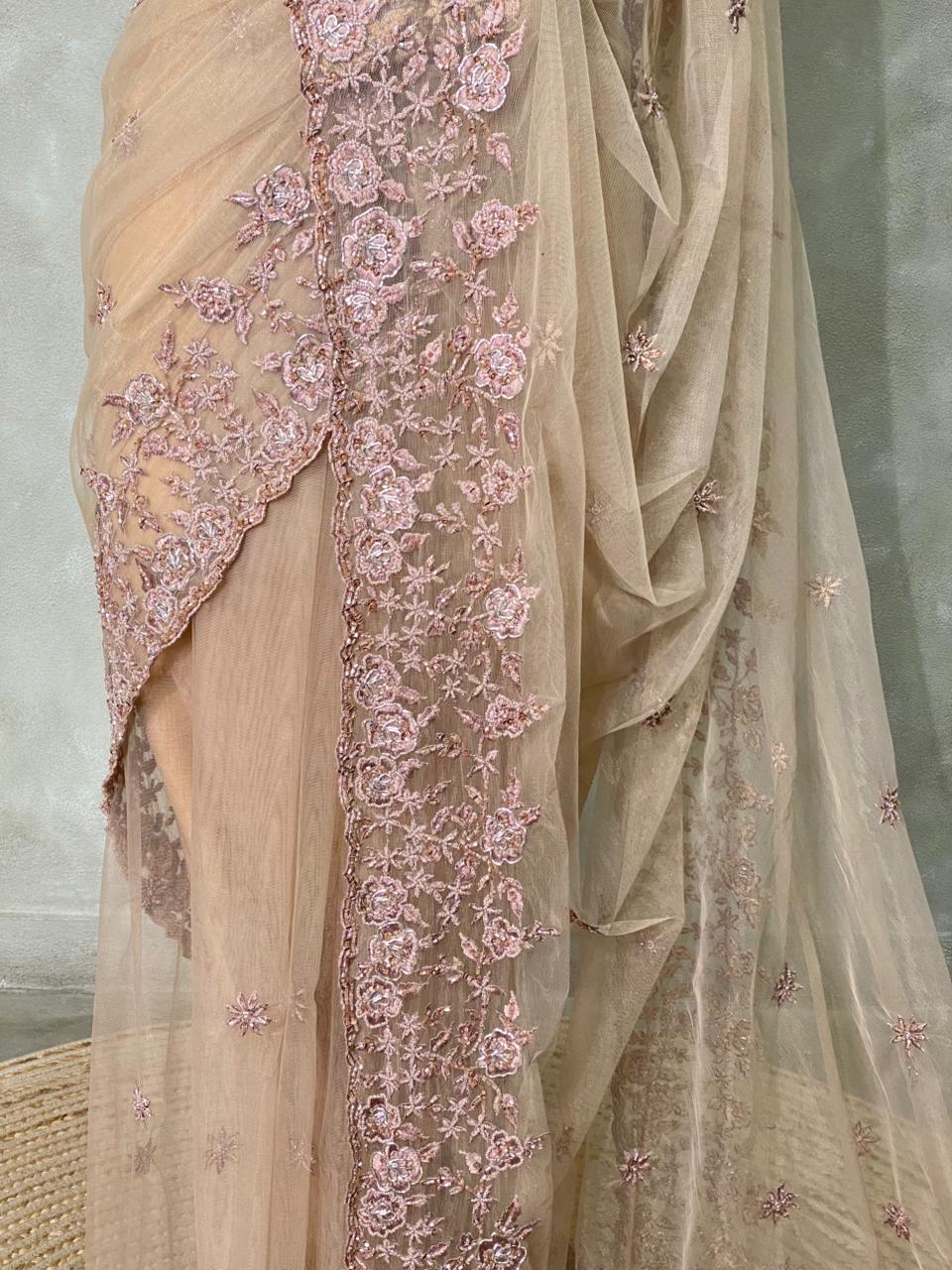 Chicku shade net bridal designer saree - PSD38