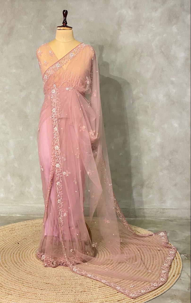 Nude Pink net bridal designer saree - PSD42