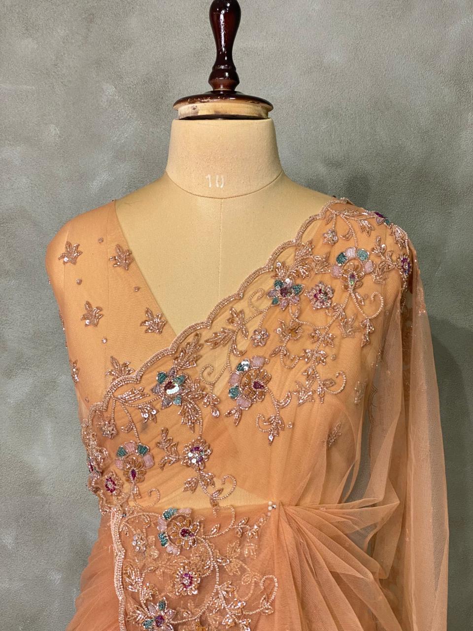 Peachish gold net bridal designer saree - PSD44