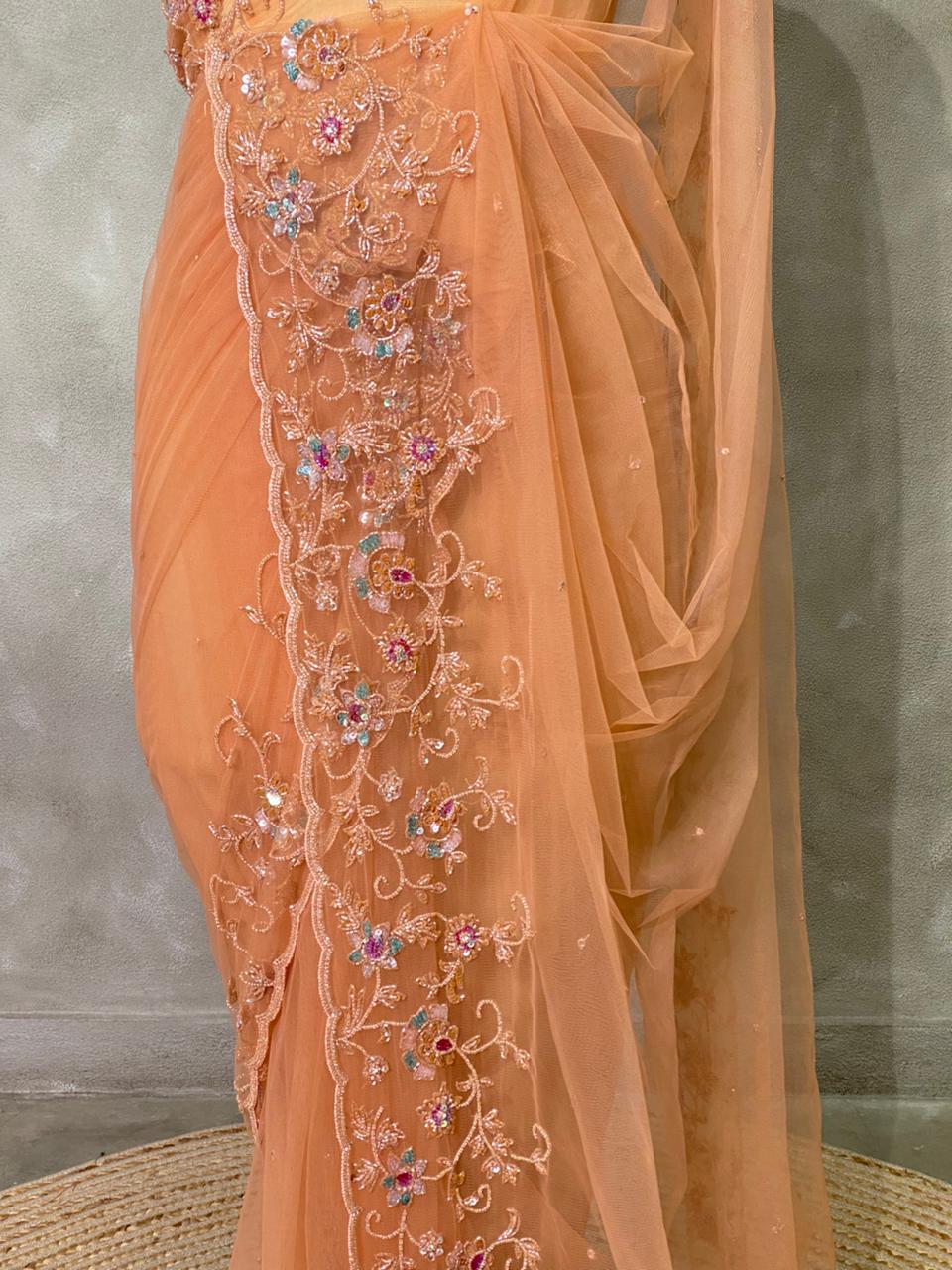 Peachish gold net bridal designer saree - PSD44