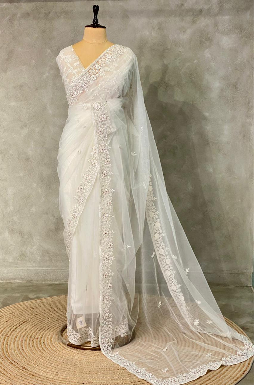 white net bridal designer saree - PSD48