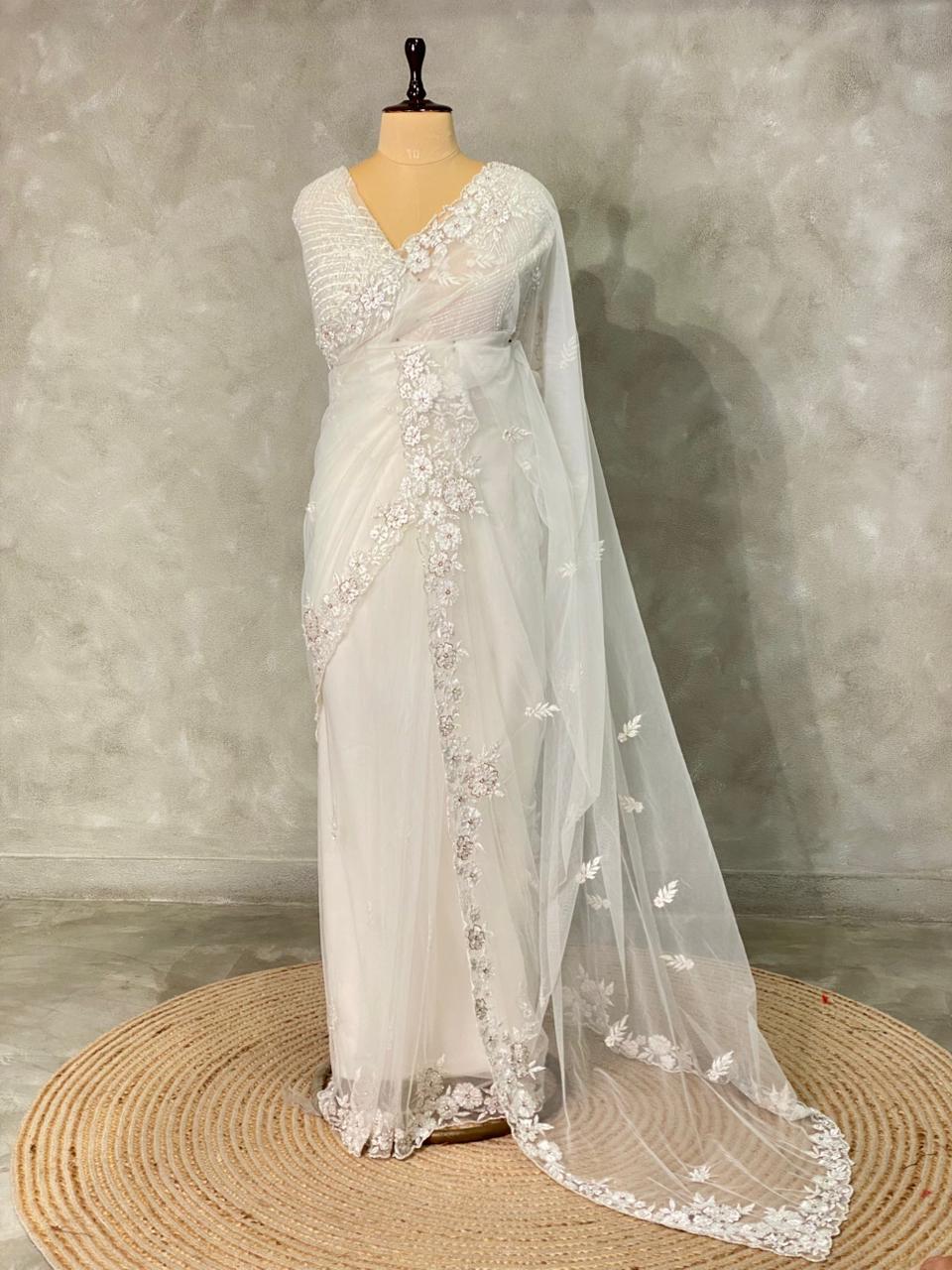 white net bridal designer saree - PSD50