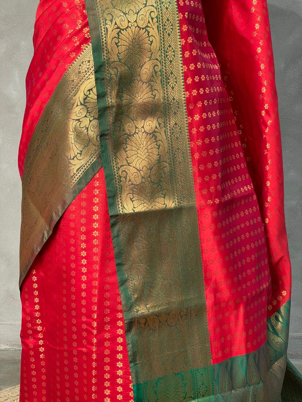 Red and Green Semi brocade Banarasi silk saree- PBROK