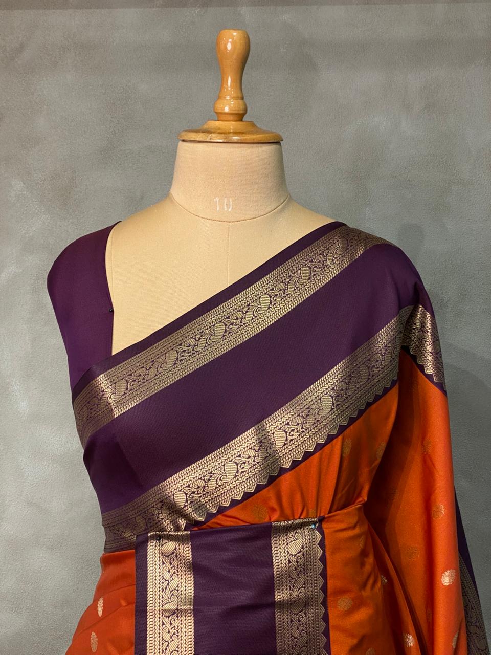 Rust Orange and deep purple silk saree- PSSR196