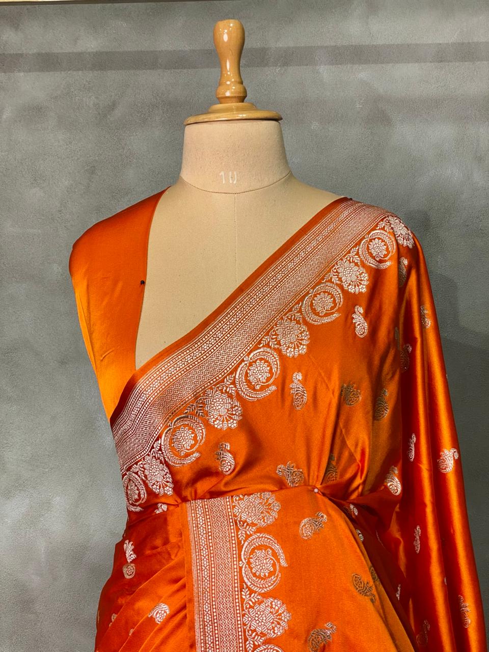 Orange and light gold zatin Banarasi saree- MPSZ