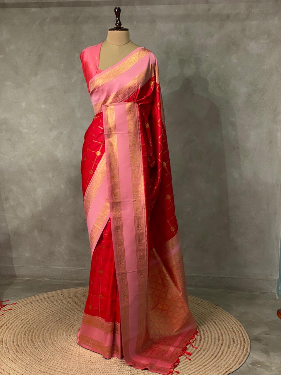 Red and Pink Banarasi saree -BSP10