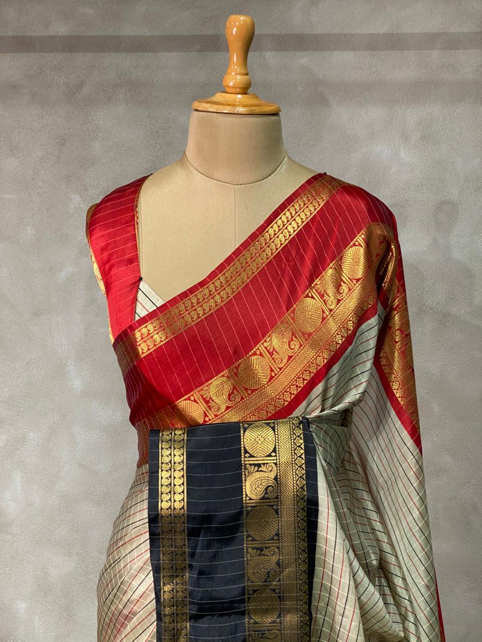 Beige ,Red and maroon silksaree - PIH1D