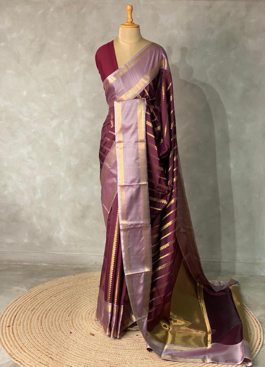 Dark purple and lavender semi Banarasi saree -PIH13A