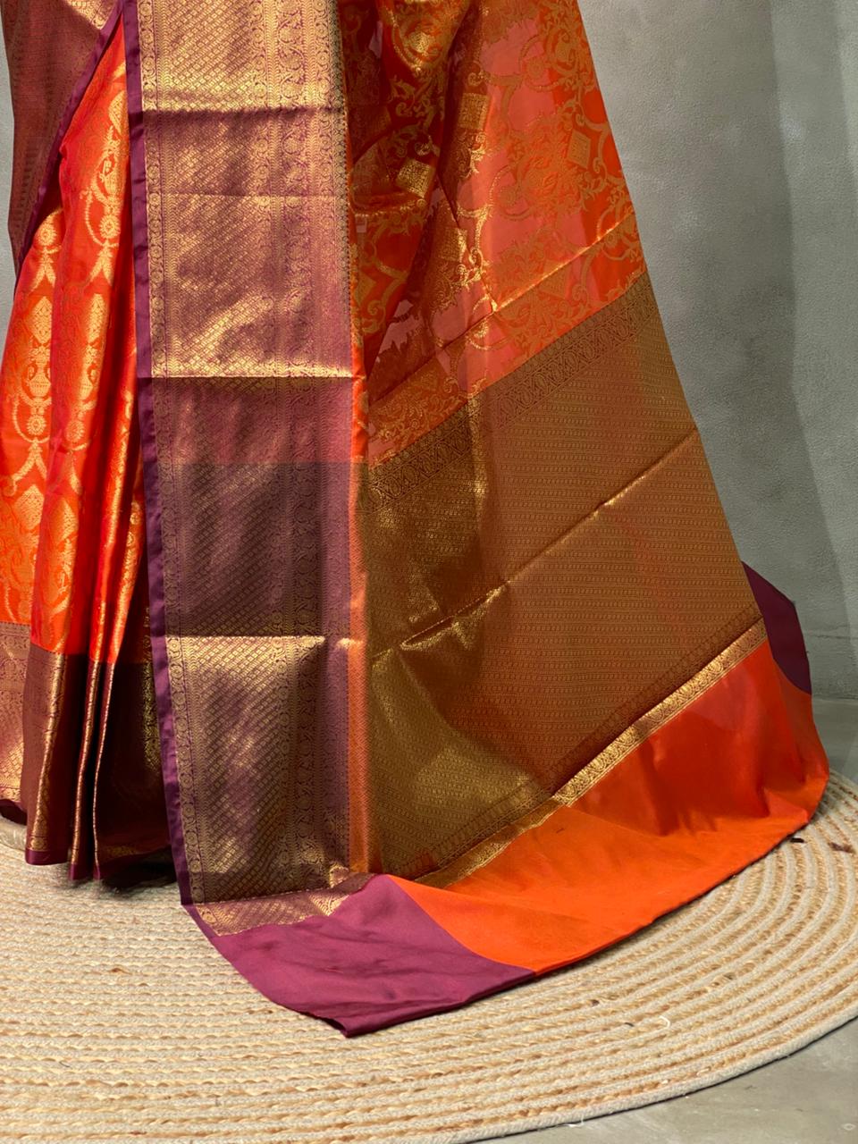Rust Orange and Deep maroon semi Banarasi saree -PIH6