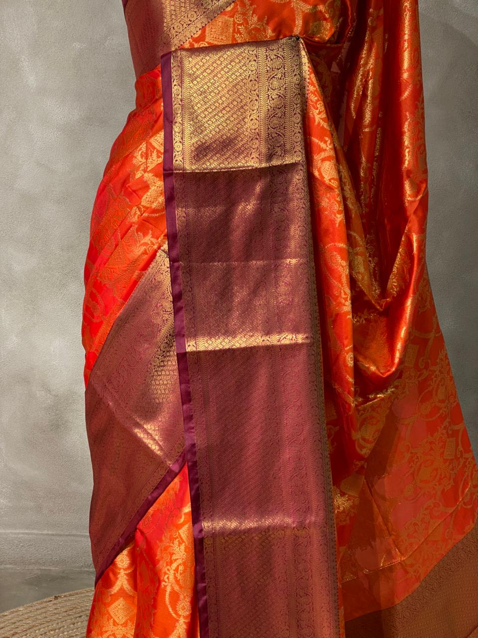 Rust Orange and Deep maroon semi Banarasi saree -PIH6