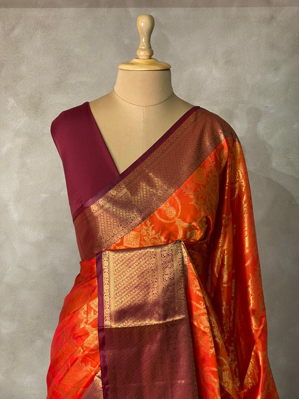 Rust Orange and Deep maroon semi Banarasi saree -PIH6