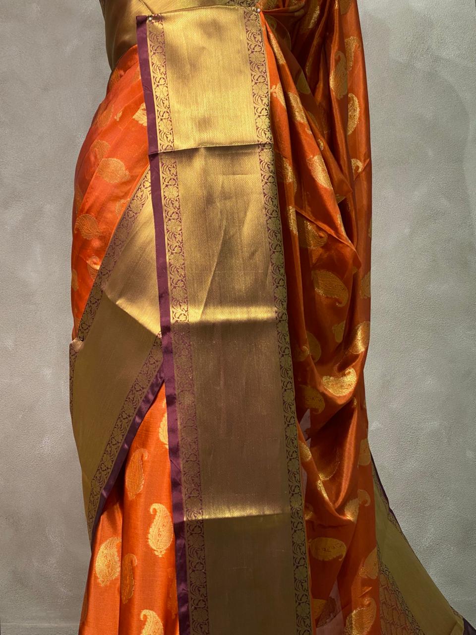 Rust Orange and Deep maroon semi Banarasi saree -PIH7