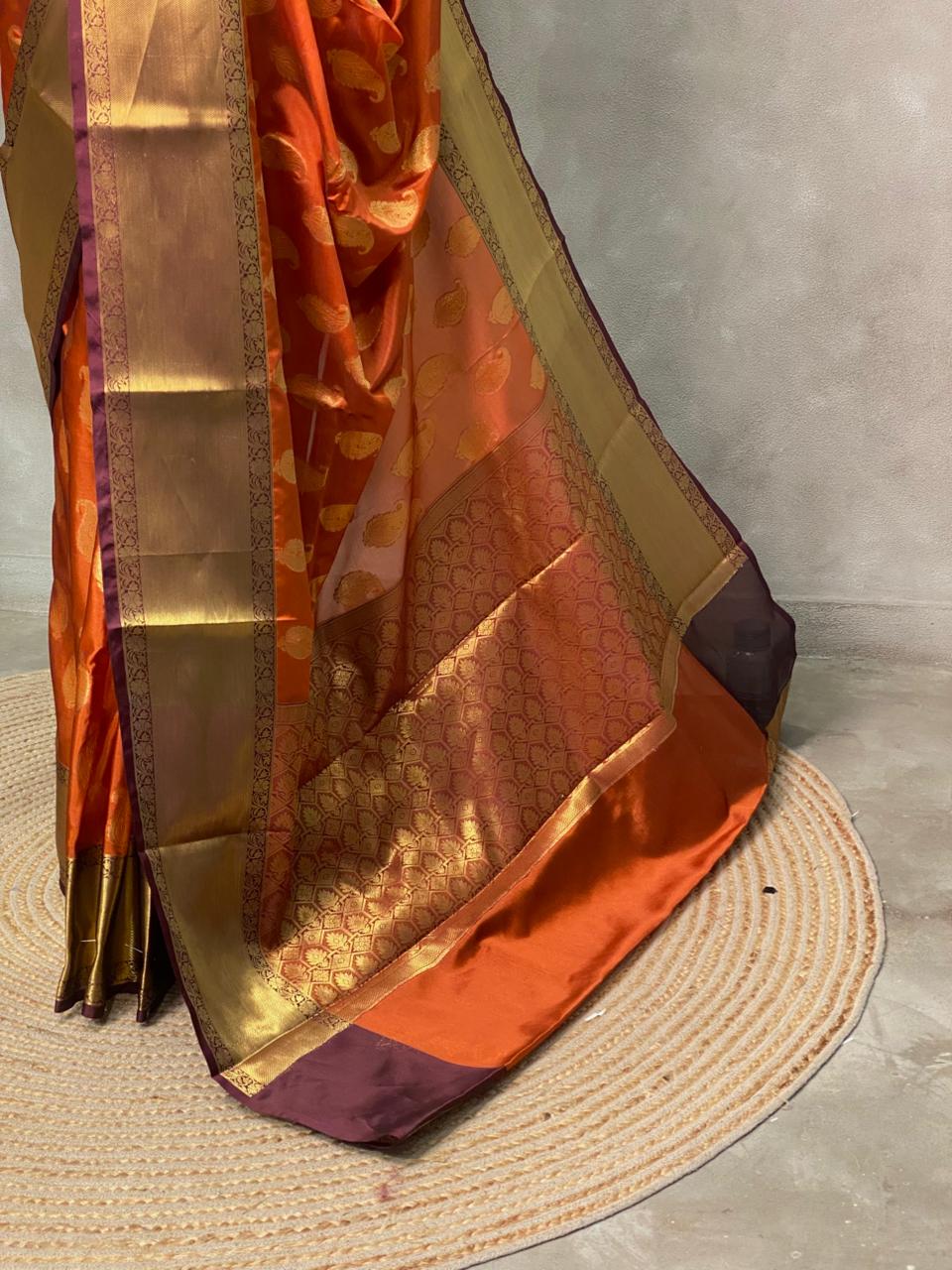 Rust Orange and Deep maroon semi Banarasi saree -PIH7