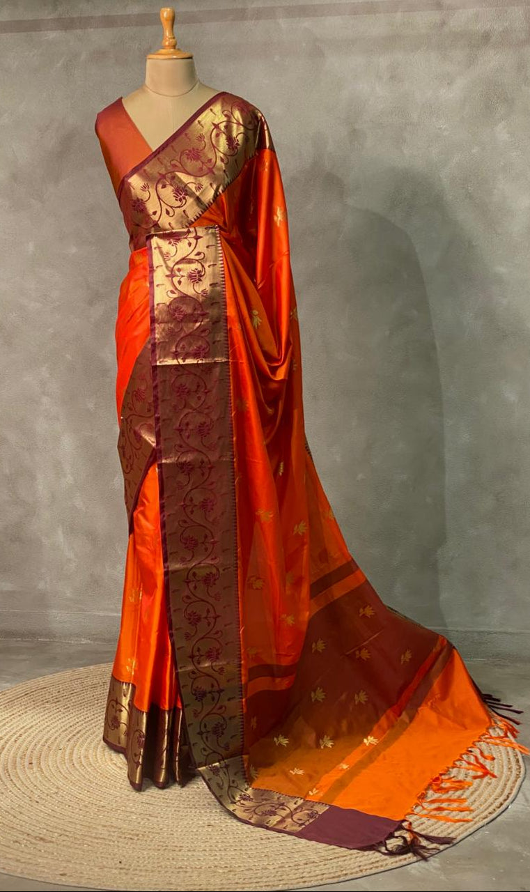 Rust Orange and Deep maroon semi Banarasi saree -PIH8