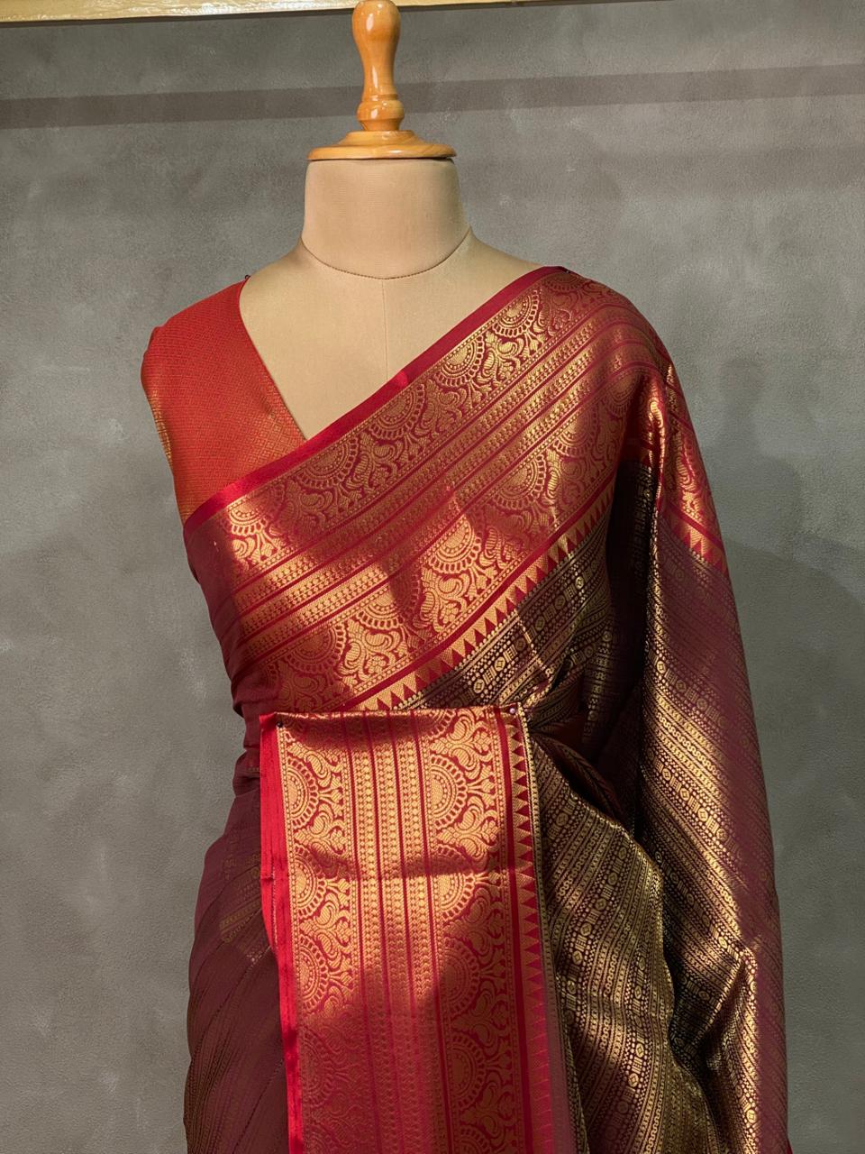Maroon and brown semi Banarasi saree -PIH10
