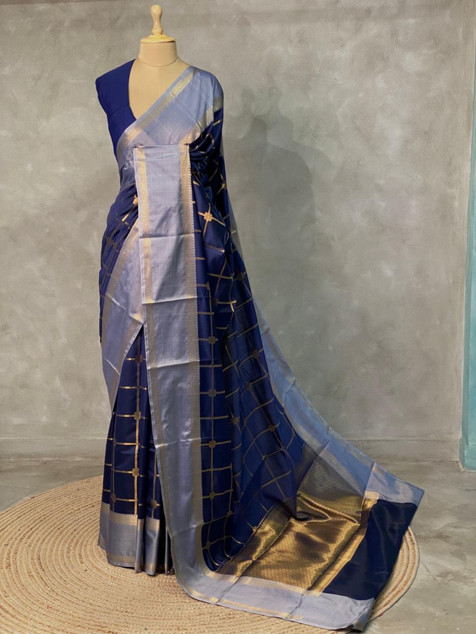 Navy Blue semi Banarasi saree -PIH13D