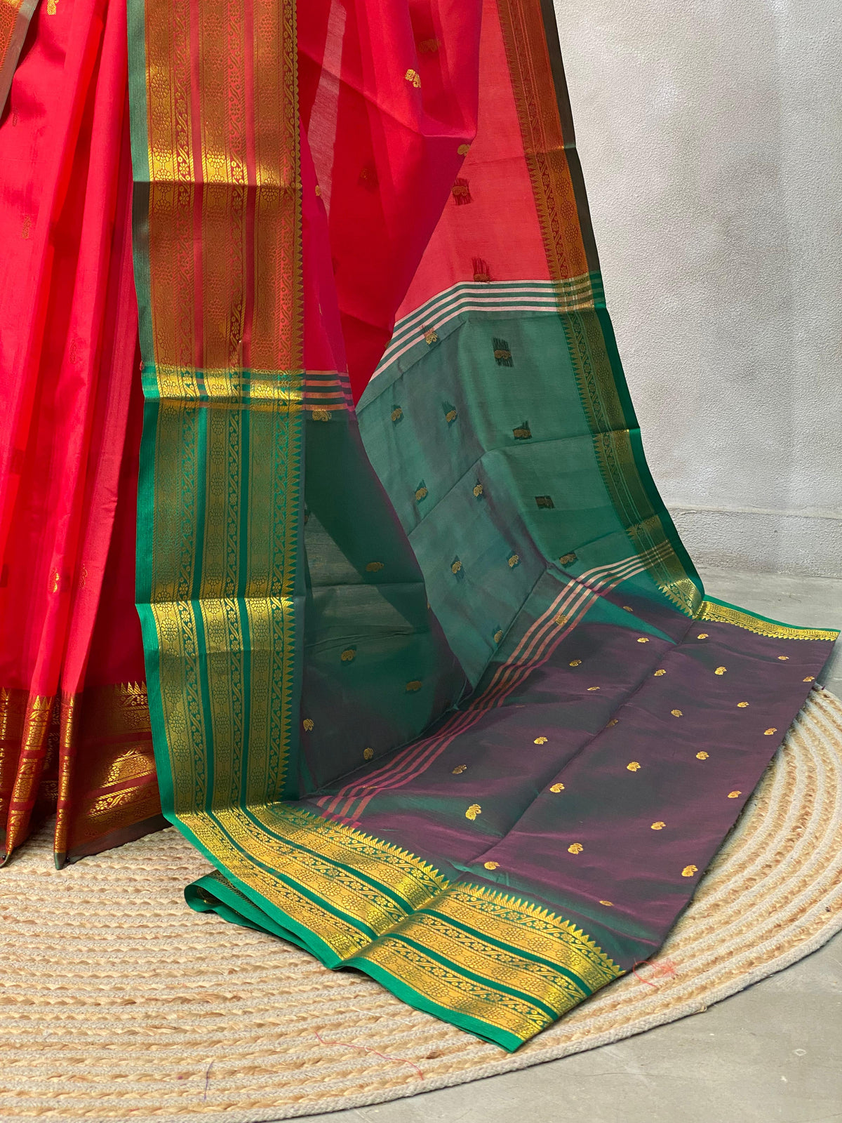 Red and Green semi kanchipuram soft silk saree - PSSN129