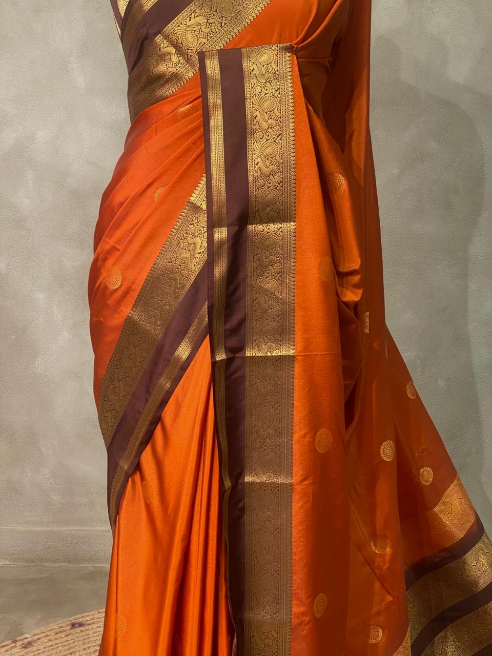 Rust Orange and Deep Brown silk saree- PRUSTE