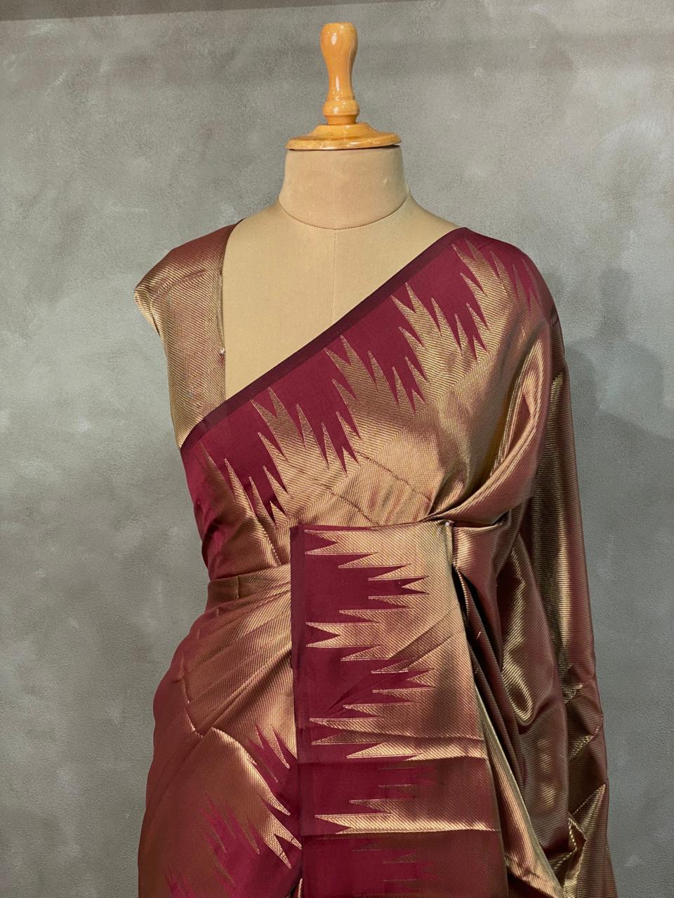 Maroon Temple border brocade banarasi silk saree - PIH31