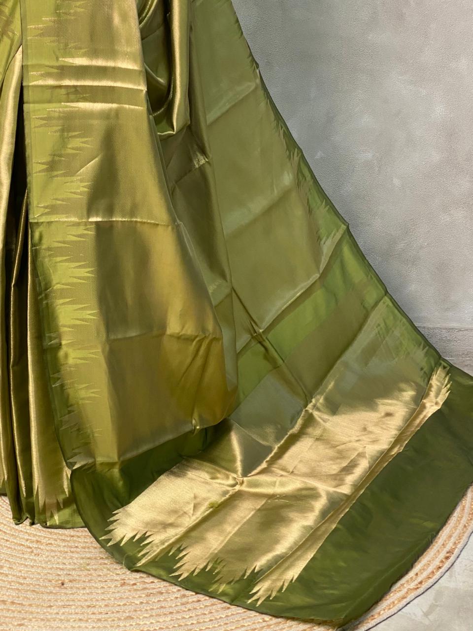 Parrot green Temple border brocade banarasi silk saree - PIH31A